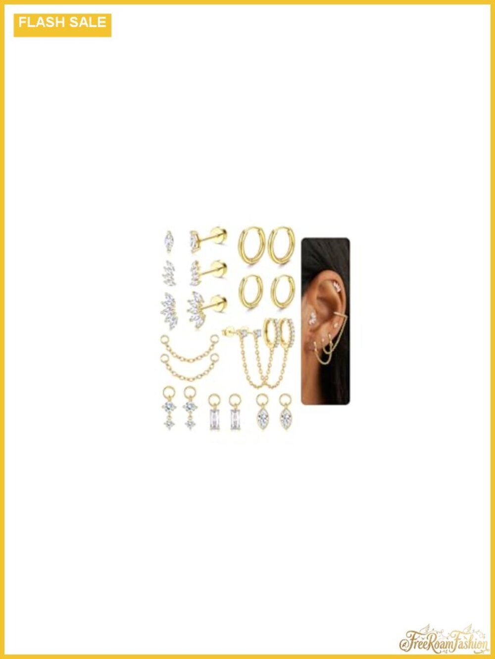 14K Gold Plated Earring Stack Set Hypoallergenic Flat Back Studs Hoops Charms